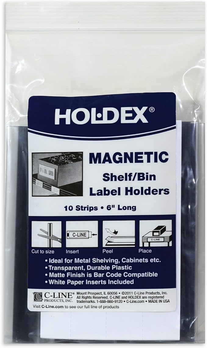 C-Line HOL-DEX Magnetic Shelf/Bin Label Holders, 1 x 6 Inches, 10 per Box (87227)