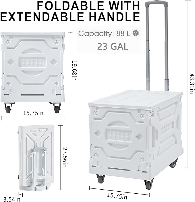 VECELO 23 GAL Modern Rolling Carts with Wheels, Foldable Utility Cart, Light Weight Platform Trucks Dolly, 4 Heavy Duty Wheels, Ideal for Shopping, Camping, Teachers, Pearl White