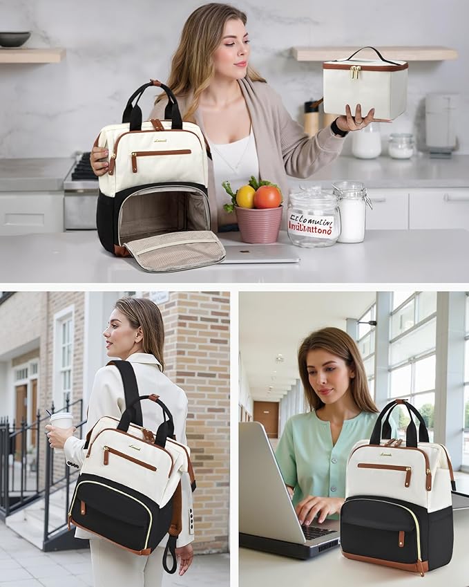 LOVEVOOK Lunch Backpack for Women, 15.6 Inch Laptop Bag with Insulated Cooler Lunch Box, Work Backpack for Teacher Nurse, Travel Backpack Lunch Bag for Camping Picnic Daily Use