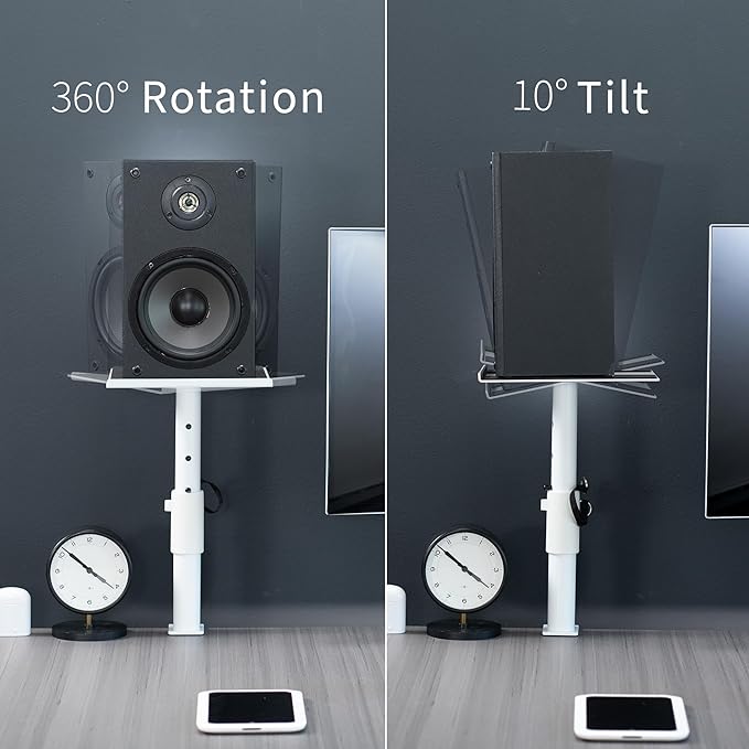 VIVO Clamp-on Speaker Stand Desk Mount Set, 10 x 9 inch Trays, Height Adjustment and Tilt, Universal Audio Holders for Computer and Bookshelf Speakers, Elevated Sound, 2 Pack, White, MOUNT-SP01CW