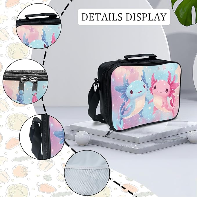 Cute Axolotl Backpack Set 3 Piece School Bags and Lunch Box with Pencil Case Pink Blue Axolotl Bookbag Set for Toddler Kids Girls Boys Teens Kindergarten Elementary Middle