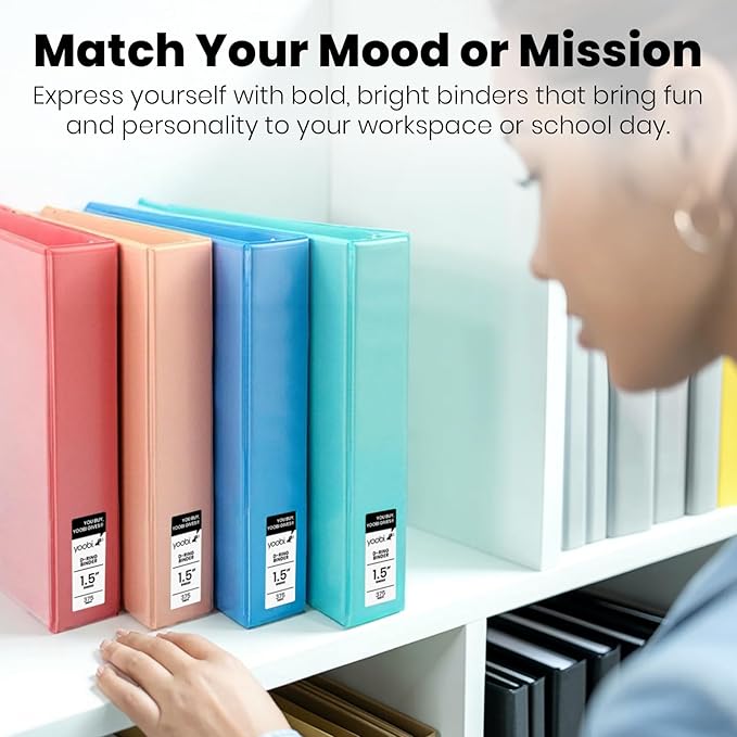 Yoobi 3 Ring Binders – 1.5 Inch Binder with Round D Rings and 2 Pockets, Durable, PVC-Free Organizer with 375 Sheets Capacity, 4- Pack Colored Binders with Plastic Cover for Office Supplies