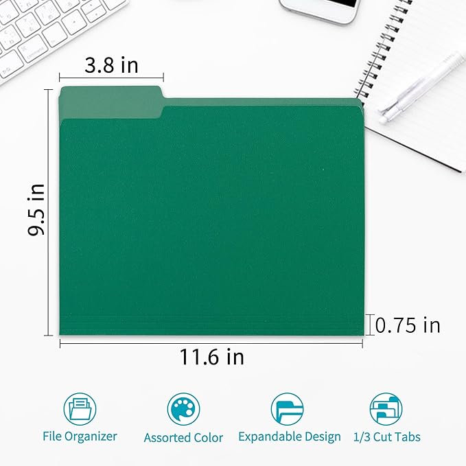 100 Packs Colored File Folders,Green File Folders,Two Tone Color File Folder 8.5 x 11 Inch,1/3 Cut Tabs Letter Size,Manila File Folders for Office,School and Home,Organization
