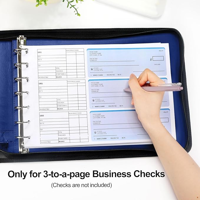 SUNEE Zippered Business Checkbook Binder 7 Ring 1 Inch with Zipper for Business Checks (9" x 13"), PU Leather Check Binder Holds 600 Checks Capacity for Executive Supplies, Blue