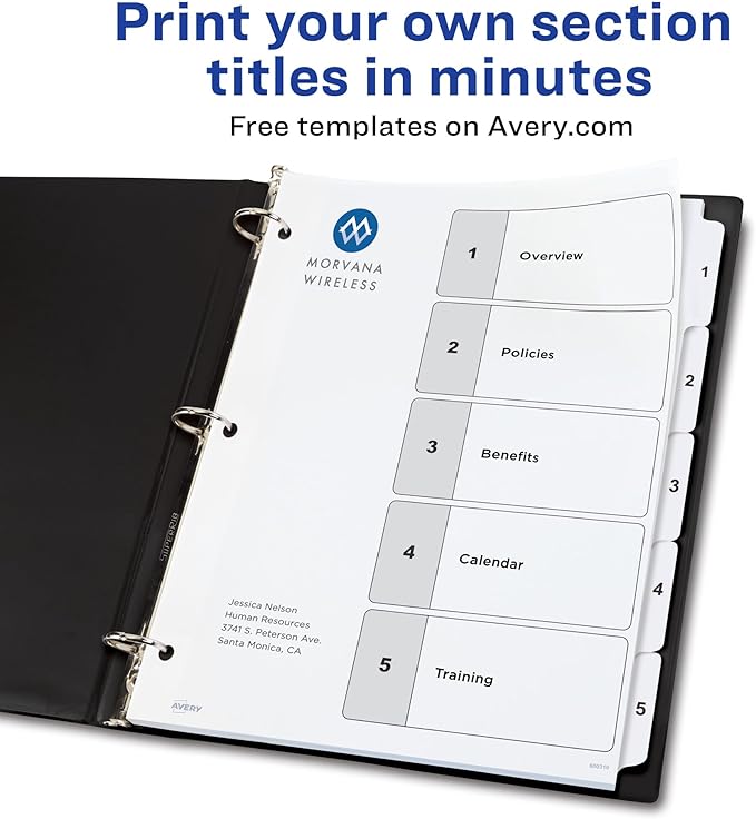 Avery Dividers for 3 Ring Binders, 5 Tabs per Set, Customizable Table of Contents, Classic White Tabs, Great for Organizing Reports, Projects, and More (3 Sets of 11075)