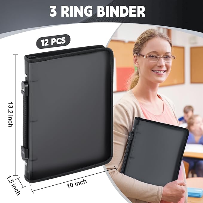 Teling 12 Pcs Plastic Zipper Binders with 3 Ring Zipper Binder, Refillable File Organizer Planner for Projects, Assignments, Memos, School Work (1 Inch,Black)