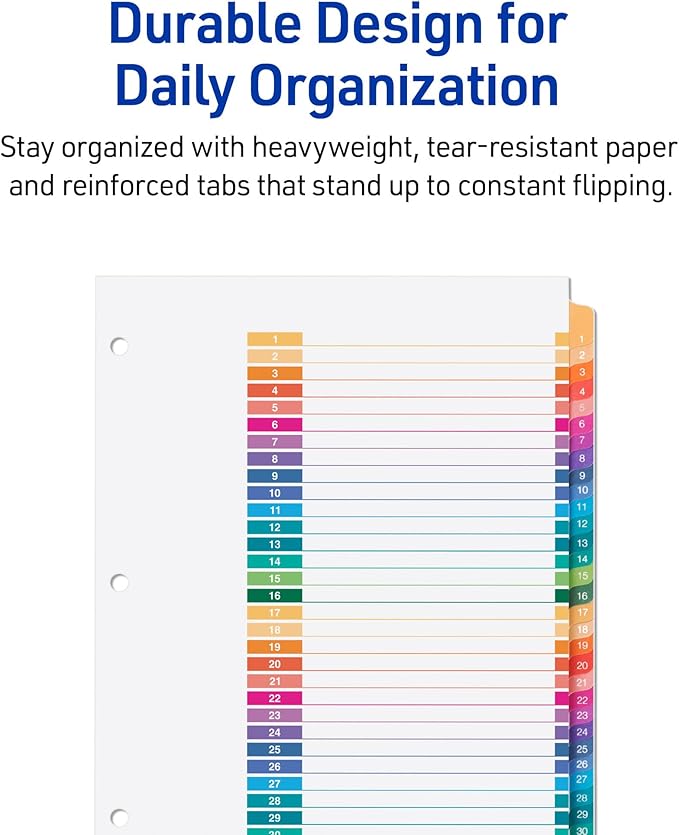 Avery 1-31 Dividers for 3 Ring Binders, 31 Tabs per Set, Customizable Table of Contents, Multicolor Tabs, Great for Organizing Reports, Projects, and More (11129)