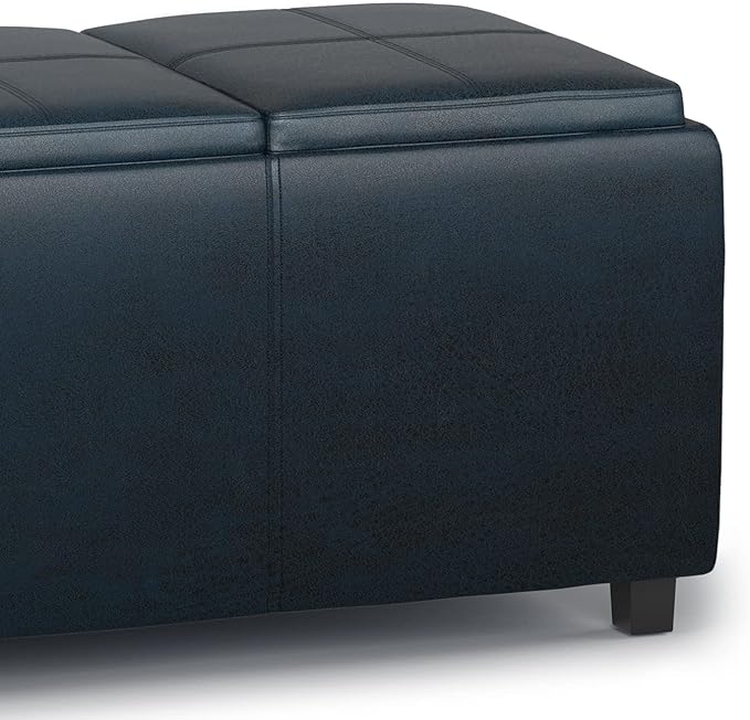 SIMPLIHOME Avalon Storage Ottoman - 42 inch Wide Upholstered Vegan Leather Rectangular Flip-Top Ottoman in Distressed Dark Blue, Contemporary Coffee Table Ottoman for Living Room with Hidden Storage