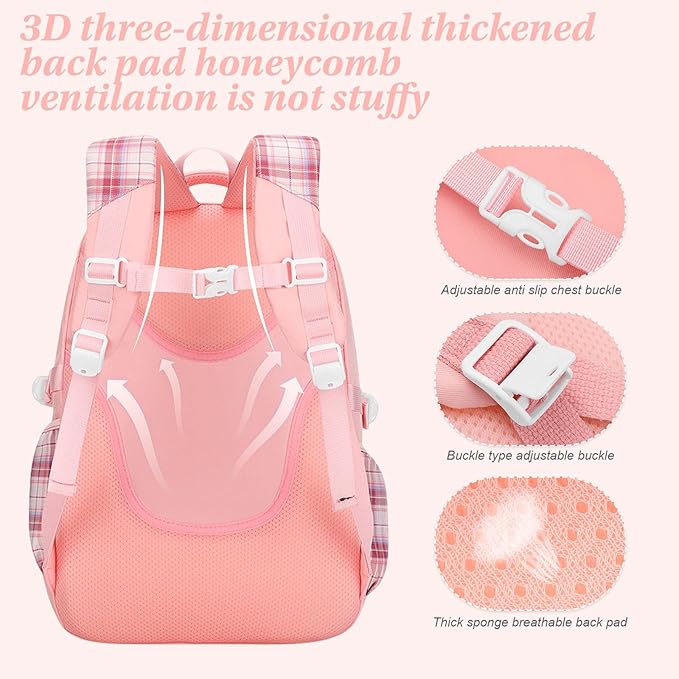 3PCS Girls Backpack Set for School - Cute Kids Bookbag with Lunch Box & Pencil Case, Stylish Backpack Combo for Girls Preschool Elementary Middle High School Students Teens Pink