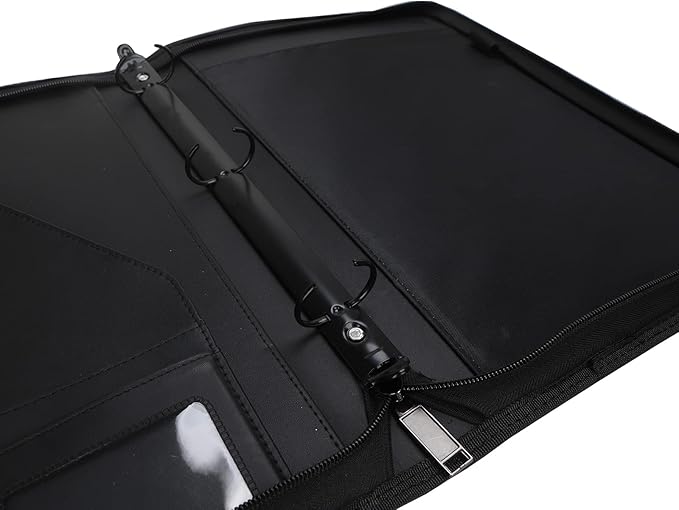 Zippered Portfolio Binder 3 Ring with Writing Pad Legal Size Letter - PU Leather Professional Padfolio Folder for Interview Business, Black