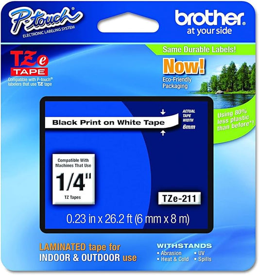 Brother P-Touch TZE-211 Label Tape 1, 1/4" (0.23") Standard Laminated Tape, Black on White, for Indoor or Outdoor Use, Water Resistant, 26.2 Feet (8M), Pack of 6
