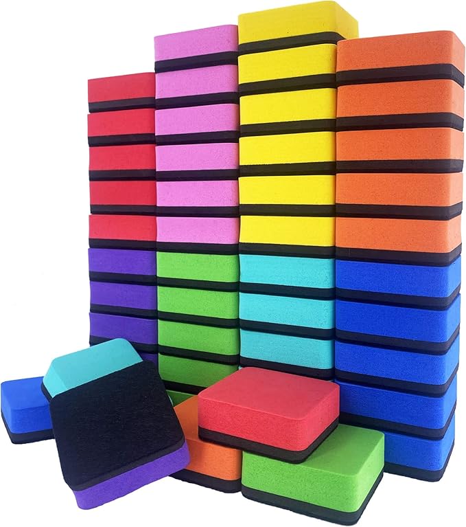 Dry Erase Erasers, AWOWZ 48 Pack Mini Magnetic Whiteboard Dry Eraser Chalkboard Cleaner Bulk for Home, Office and Classroom Teacher Kids Supplies (8 Color, 2 x 2 x 0.79 Inch)