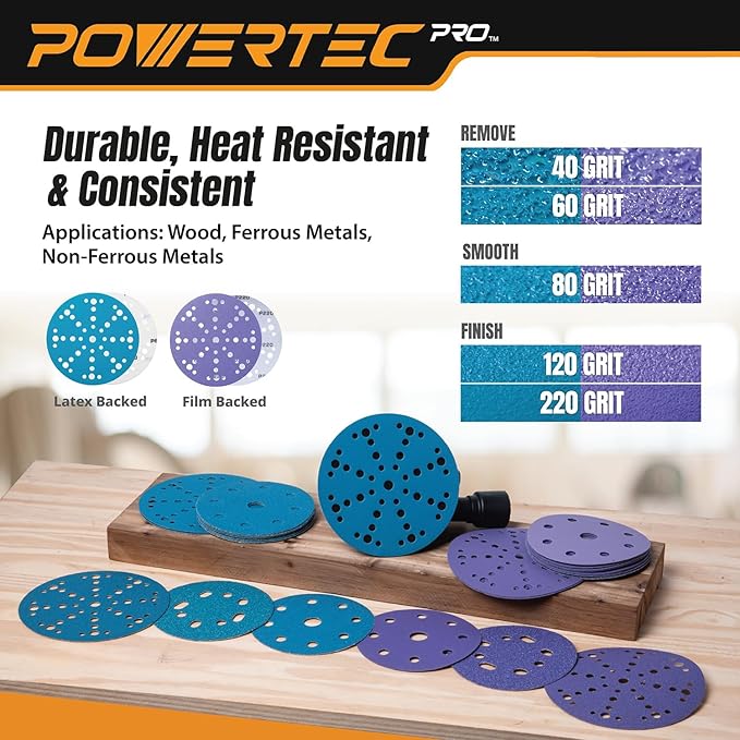 POWERTEC PRO 46101Z 50PK 6 Inch 49 Holes Sanding Disc & Abrasive Cleaning Stick, 80 Grit Zirconia Hook and Loop Film Backing Sandpaper for Festool Random Orbital Sanders-Automotive, Metal, Woodworking