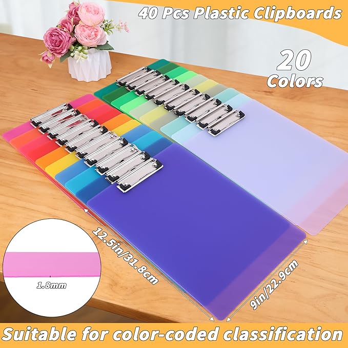 40 Pcs Plastic Clipboards Bulk 20 Assorted Colors 12.5 x 9 In Clear Colored Clip Board Standard A4 Letter Size Low Profile Clipboard Portable for Classroom Office Supplies Students Back to School