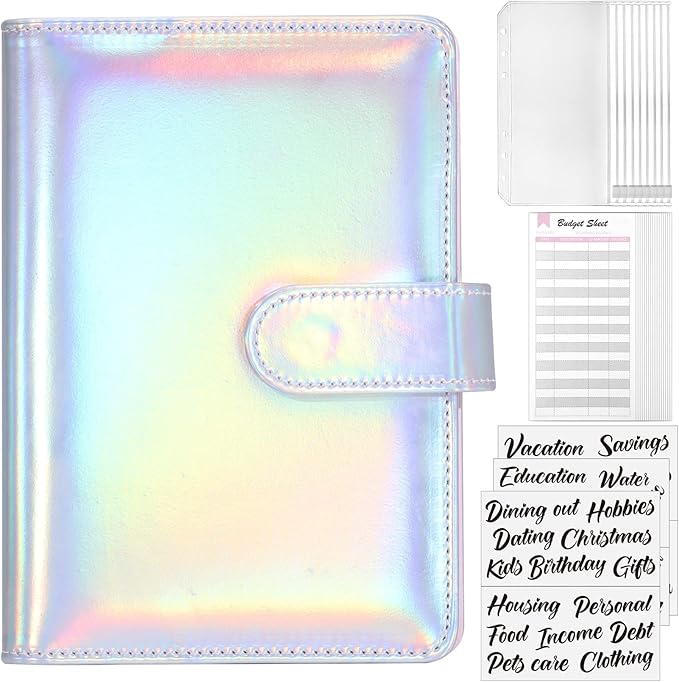 Sooez Laser Silver Money Organizer for Cash, A6 Budget Binder with Cash Envelopes, 39 Black Bold Sticky Labels & 24 Colorful Budget Sheets, Money Saving Binder for Budgeting