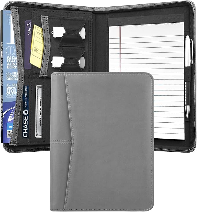Junior Business Padfolio - A5 PU Leather Portfolio Binder & Zippered Binder Folder with 5 x 8 Writing Pad and Interior Storage Pocket Executive Business Organizer for Men Women,Gray