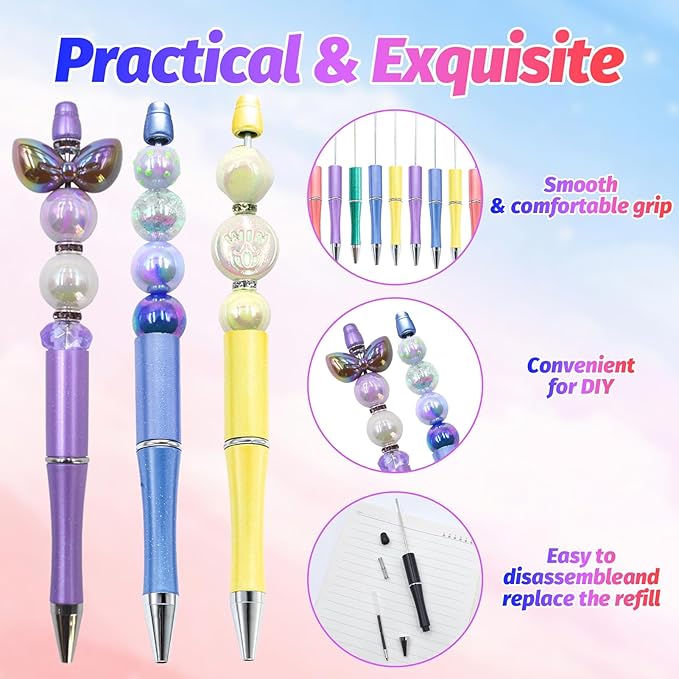 150 Pieces DIY Beadable Pen Kit – 50 Plastic Ballpoint Pens with Refills & Bags – School Supplies, Office Accessories & Decorative Items for Students & Teachers (Dreamy Soft Palette)