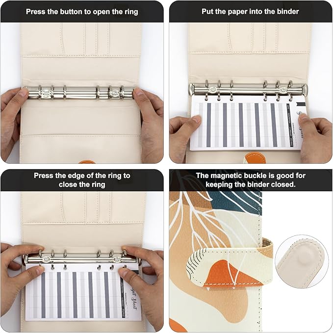 A6 Refillable 6 Ring Faux Leather Budget Binder,Mini Notebook Binder Cover for A6 Filler Paper,Loose Leaf Personal Planner Cover with Magnetic Buckle Closure (White Leaves)