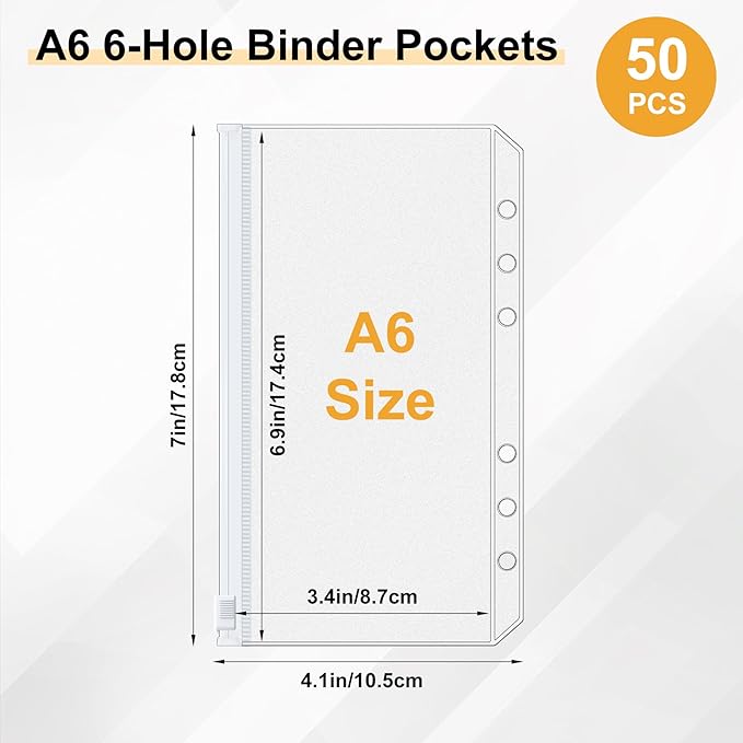 Antner 50pcs A6 Binder Pockets 6-Hole Budget Binder Inserts Cash Stuffing Envelopes for Budgeting, White Zipper Pouch Folders Loose Leaf Filling Bags Money Organizer for A6 6-Ring Planners and Binders