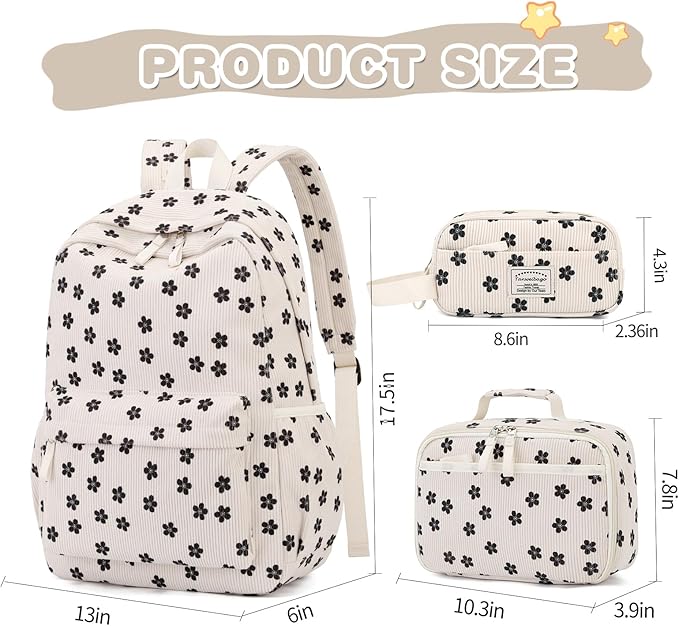 Backpack for Girls Boy Teen Corduroy Bookbags Elementary Middle High School Women Laptop Bag with Lunch Box Pencil Bag (Flower Black)