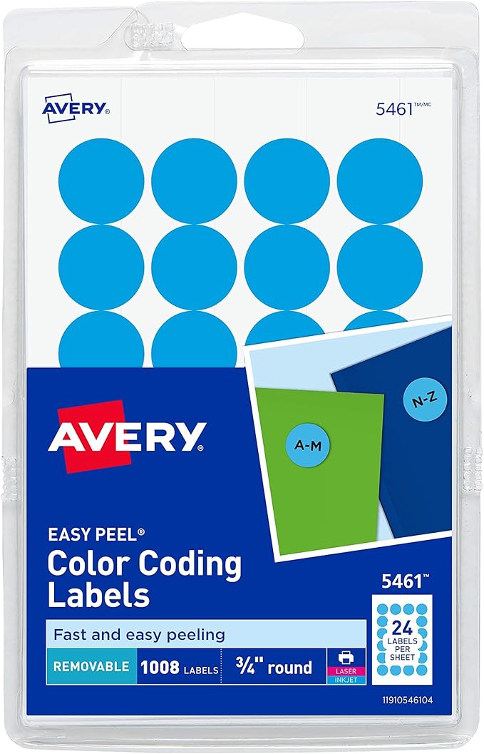 Avery Print/Write Self-Adhesive Removable Labels, 0.75 Inch Diameter, Light Blue, 1,008 per Pack (5461)