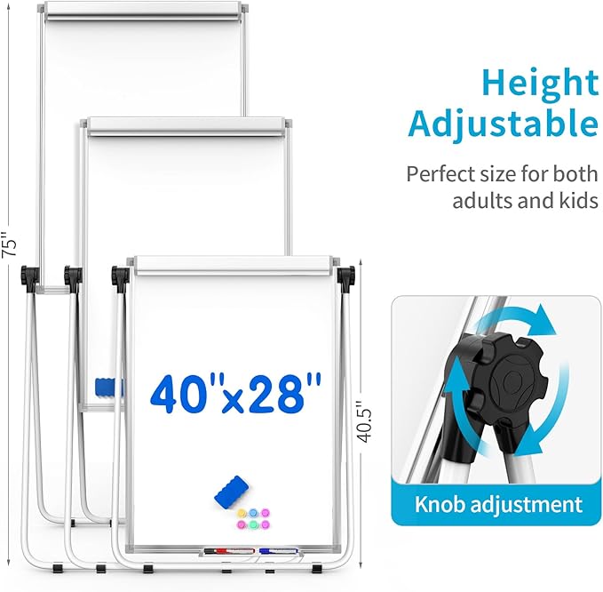 U-Stand Double Sided 40" x 28" Magnetic Dry Erase Easel, Height Adjustable & 360° Rotating Whiteboard with 1 Eraser, 6 Magnets and Paper Pads