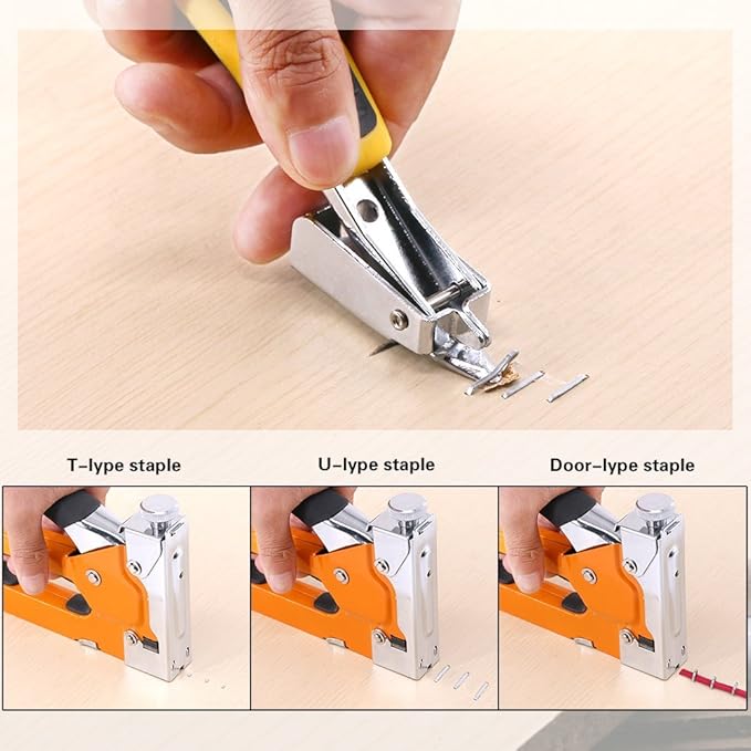 Swpeet 3-in-1 Staple Gun Kit with Staple Remover and 500Pcs Staples Selection Pack Kit，Hand Operated Carbon Steel Gun Tacker Tool for Upholstery, Fixing Material, Decoration, Carpentry, Furniture