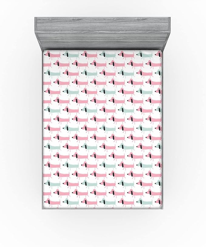 Ambesonne Dachshund 2 Pack Fitted Sheet, Funny Sausage Dogs, Bed Cover All-Round Elastic Deep Pockets 2 Pieces, Package Contains 2 Full Size Fitted Sheets, Seafoam Pink