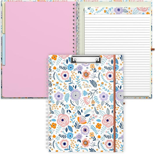 Rimilak Spiral Clipboard Folio with Refillable Lined Notepad, 14.5 x 9.8 in, Hardcover Cover with 5 Interior Pockets, Elastic Band and Pen Loop Series. Cute Stylish Clipfolio, Purple Flower