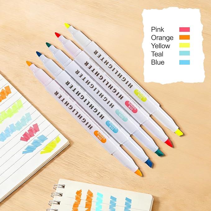 ZWlOT 30 Count Dual-Tip Highlighter Marker Set, Highlighters Assorted Colors, Quick-Drying Dual-Tip Fine-Point Highlighter Pen, Non-Bleeding Ink, Ideal for Bible Journals, Books and Notes (5 colors)
