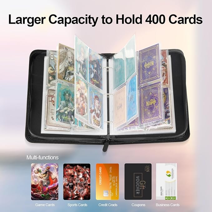 Collectible Trading Card Albums,4 Pocket Card Binder, 400 Double Sided Pocket PU Premium Zip Trading Collection Binderwith 50 Removable Sleeves, Card Folder forTCG, Sports Cards (Blue)