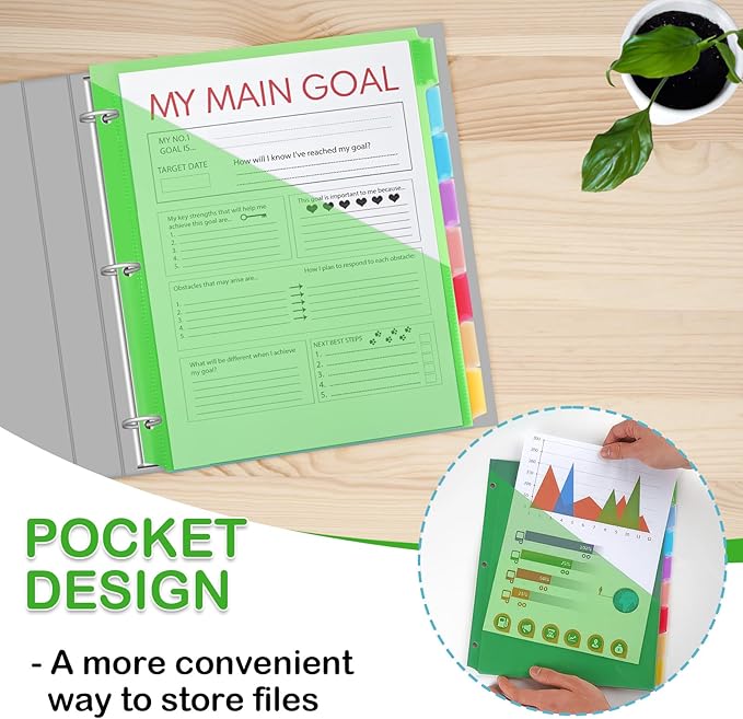48 Count Binder Dividers with Pockets, 8 Tab Plastic Dividers for 3 Ring Binders School Office Document Indexing and Protection, Multicolor, 6 Sets