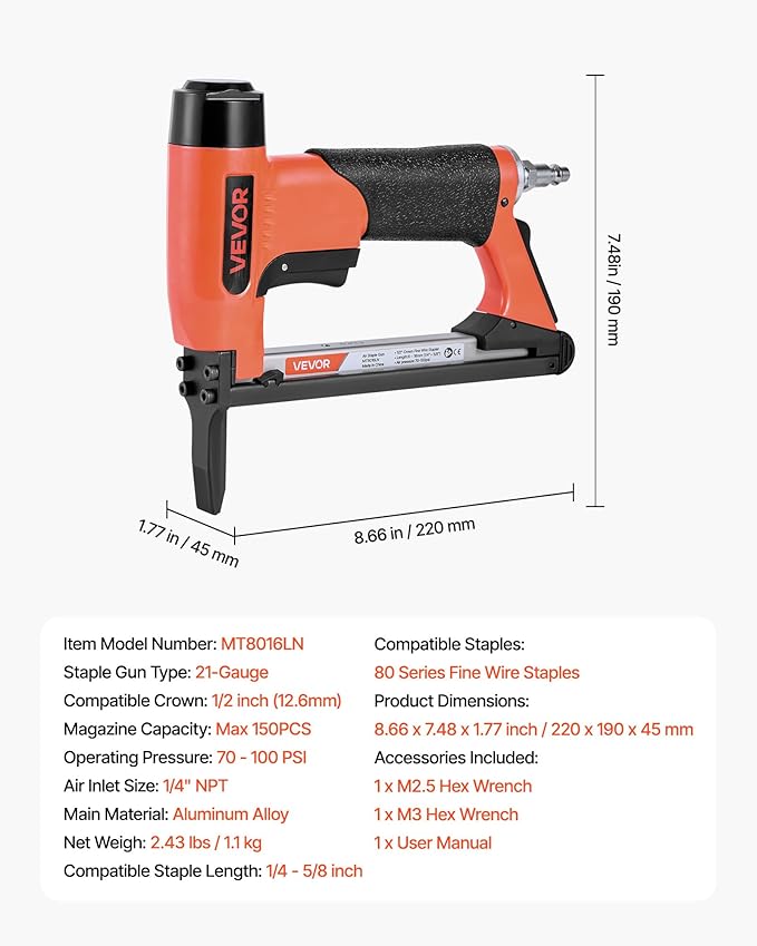 VEVOR Pneumatic Staple Gun, 21 Gauge Long-Nose Upholstery Stapler for 80 Series Fine Wire Staples 1/2-inch Crown 1/4"-5/8" Length, Max 150PCS Loading Air Staple Gun for Upholstering, Woodworking, DIY