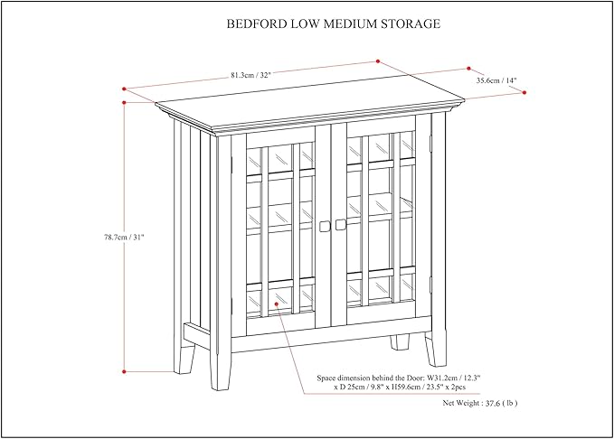 SIMPLIHOME Bedford Storage Cabinet - 32 inch Wide Solid Wood Low Media Cabinet in Light Golden Brown, Transitional Console for Living Room, Entryway, or Dining Room with Glass Doors and Shelves
