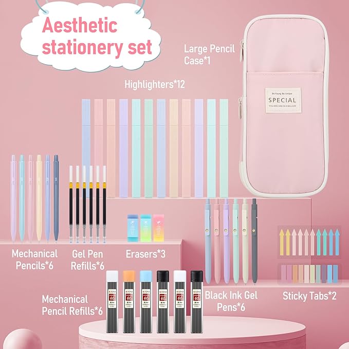 42PCS Aesthetic School Supplies with Large Pencil Case, 12 Pastel Highlighters,6 Black Ink Gel Pens,6 Cute Mechanical Pencils Set 0.5 & 0.7 mm for Students Stationary College Essentials(Pink)