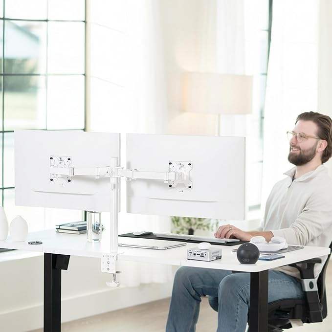 VIVO Dual Monitor Desk Mount, Heavy Duty Fully Adjustable Steel Stand, Holds 2 Computer Screens up to 30 inches and Max 22lbs Each, White, STAND-V002W