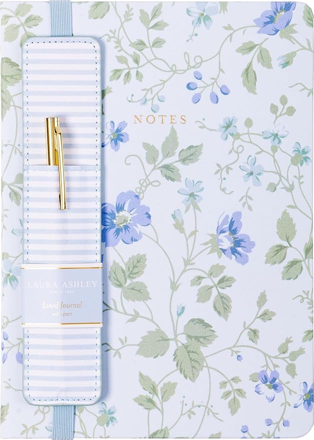 Laura Ashley Premium Fabric Hardcover Writing Journal with Pen | 256 Lined Pages | Elegant Floral Design | Perfect for Diaries, Notes, and Gift Giving (Blue - A5-6-x-8 Inches)
