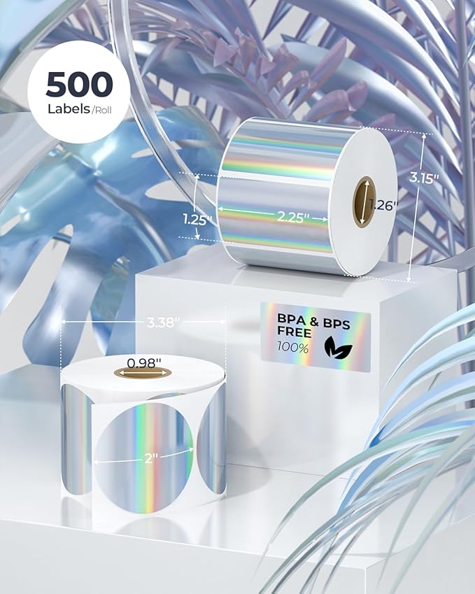 MUNBYN 2.25"x1.25" Holographic Thermal Sticker Labels Silver, Color Self-Adhesive Stickers Label, Glitter Thermal Printer Label for DIY Logo Design, QR Code, Name Tag,500 Sheets/1 Roll