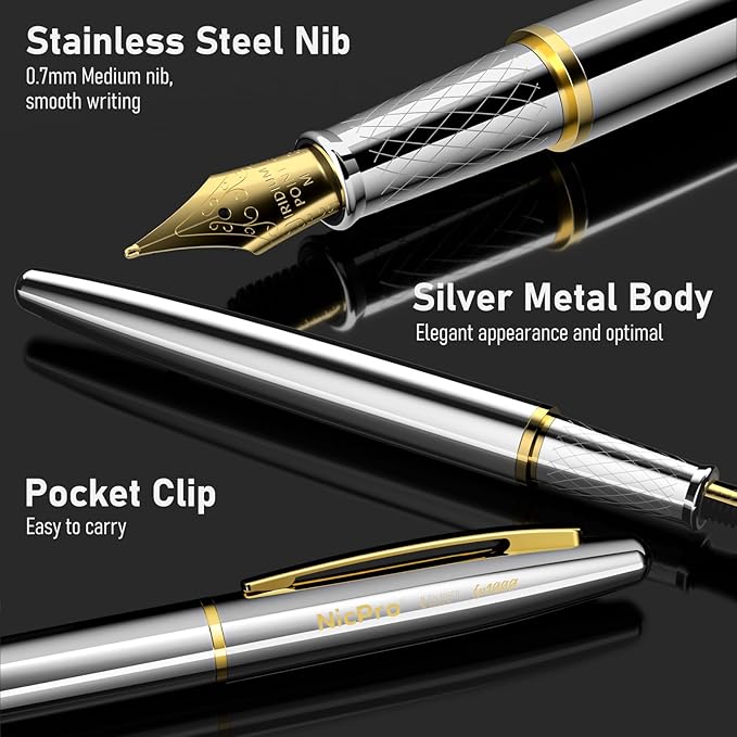 Nicpro Fountain Pen Set with Box, Classic Silver-Gold Fancy Pen with Converter, 0.7mm Medium Nib Smooth Writing Calligraphy, Office, Business, Luxury Gift Pen (Pack of 2)