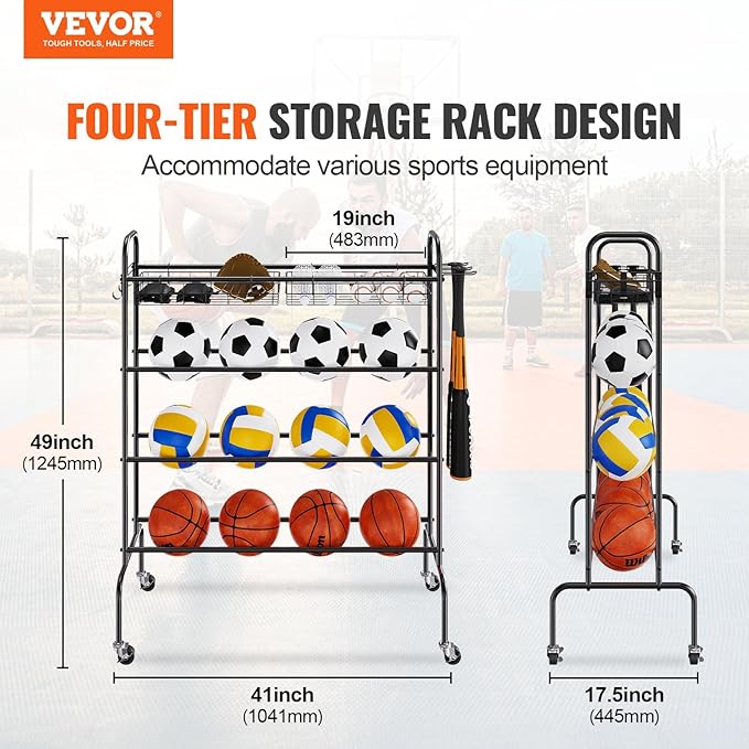 VEVOR Rolling Sports Ball Storage Cart, Lockable Basketball Cage with Double Lids, Sport Equipment Holder Organizer for Indoor Outdoor, Steel Storage Rack for Garages, Playgroup, Gym and Schools
