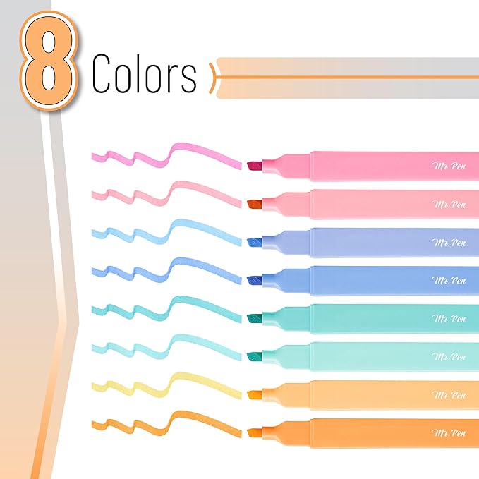 Mr. Pen- Aesthetic Highlighters, 8 pcs, Chisel Tip, Assorted Colors, Cute Highlighters Assorted Colors