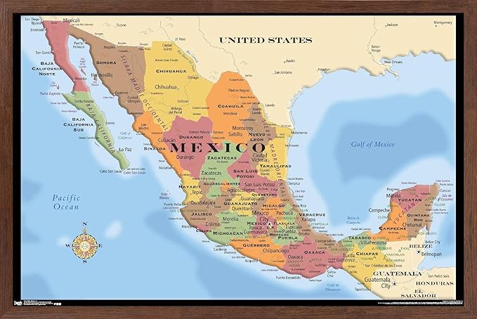 Trends International Map - Mexico Wall Poster, 14.725" x 22.375", Mahogany Framed Version