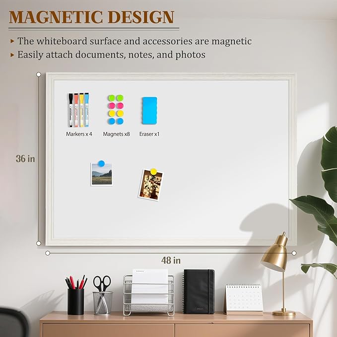 Lager White Board for Wall, 48''x36'' Magnetic Dry Erase Board, 4'x3' Decorative Whiteboard with White Vintage Wooden Frame, Hanging Writing Board for Home Office School Classroom