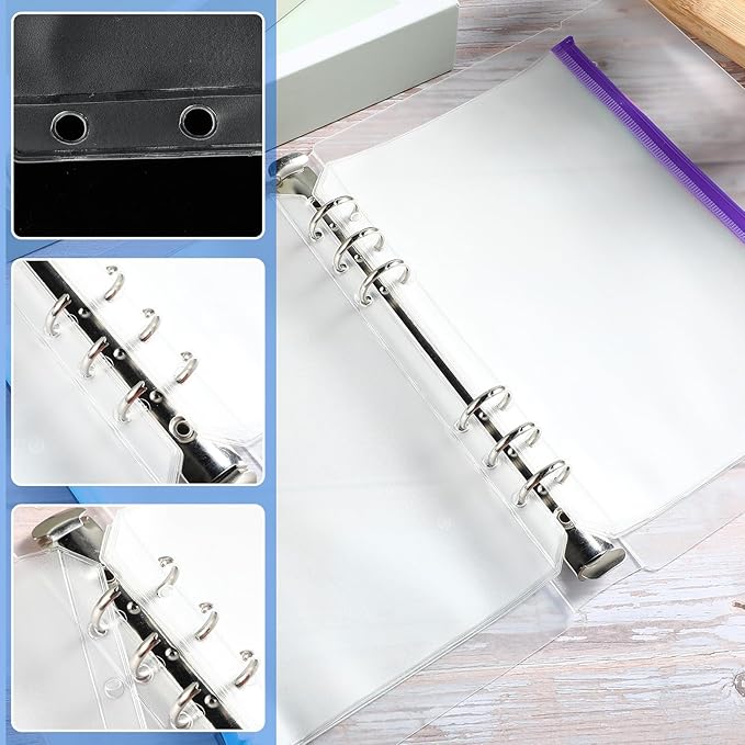 40 Pieces Binder Pockets 6 Hole Zipper Pouch 6 Ring A5 Pockets with Zipper Binder Folders Plastic Pouches Loose Leaf Bags Waterproof PVC Document Filing Bag