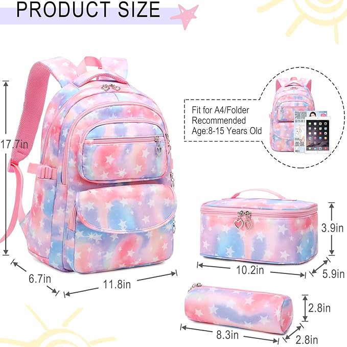 Girls Backpack with Lunch Box for Elementary Middle School,17 Inch Purple Lightweight School Backpack with Lunch Bags Set for Girls