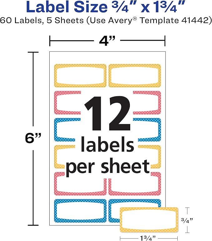 Avery Durable Labels for Kids' Gear, 3/4" x 1-3/4", Assorted Border Colors, Water-Resistant Labels, Writable and Laser/Inkjet Printable, 60 Per Pack, 180 Stickers Total (3-Pack of 31442)