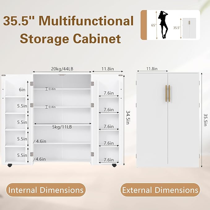 VECELO 35.5” Small Kitchen Pantry Storage Cabinet with 2 Doors and Adjustable Shelves, Food Storage Freestanding Cupboard for Dining Room, Living Room