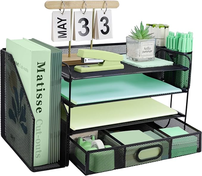 4 Tier Desk File Organiser with Extra Vertical File Sorter, Paper Letter Tray with Top Stationery Drawer Holder, A4 Paper Desktop Filing Trays, Magazine Document Holder for Home Office, Black