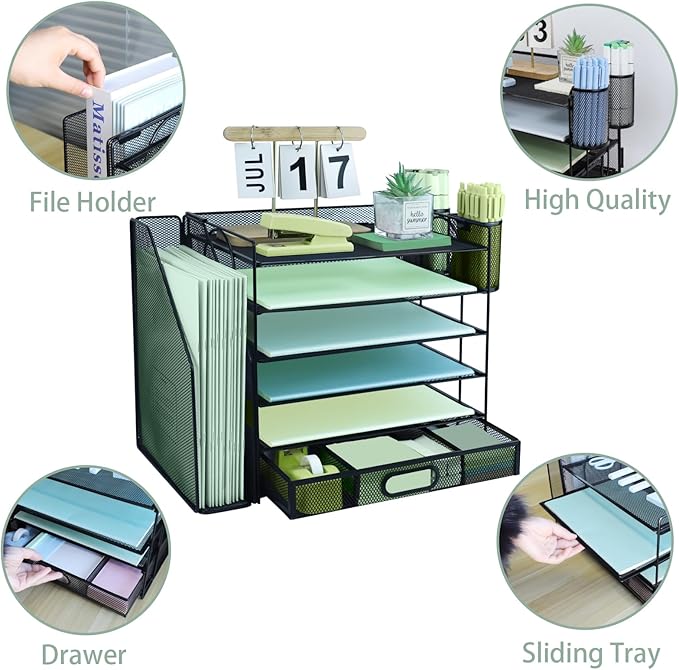 6 Tier Desk File Organiser with Extra Vertical File Sorter, Paper Letter Tray with Top Stationery Drawer Holder, A4 Paper Desktop Filing Trays, Magazine Document Holder for Home Office, Black