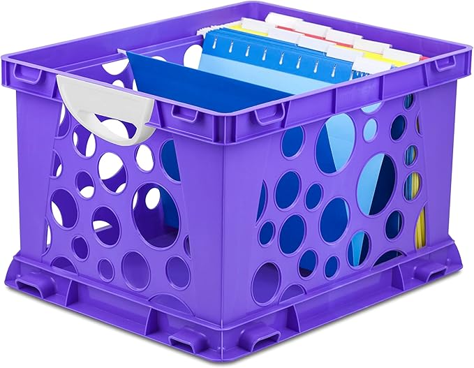 Storex Premium File Crate with Molded Handles – Letter and Legal Document and Folder Storage, Purple/White, 1-Pack (61754F03C)